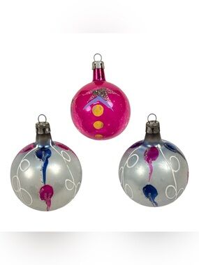 3 Vintage 1.75" Fantasia Pink Blue Glass Balls Christmas Ornaments Mica Poland